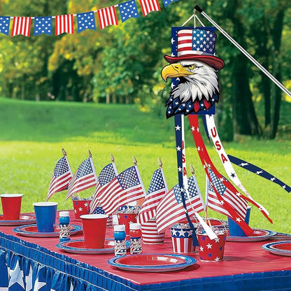 40 Inches USA Eagle Windsock Decoration, Patriotic Eagle Head Themed Hanging Outdoor Wind Sock Ornament with Red, White, Blue Streamers, 'USA' Lettering, and Stars for 4th of July, Memorial Day Decor