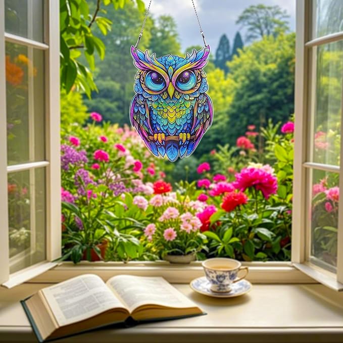 Owl Ornaments Colorful Window Hanging Decorations Home Wall Decor for Bedroom Patio Indoor Outdoor