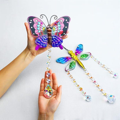 YU FENG Set 2 Suncatchers with Crystals,Stained Glass Butterfly Dragonfly Sun Catchers Window Garden Hanging Decoration Ornament,Prism Rainbow Maker Pendant Ornament for Christmas Tree