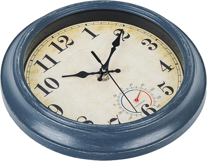 Outdoor Clocks Waterproof with Thermometer Combo Rustic Coastal Beach Wall Clock Decor for Bathroom Patio Pool (8 Inch,Blue)