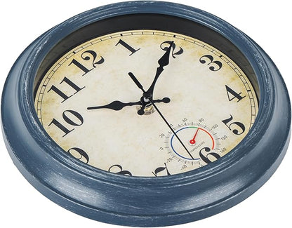 Outdoor Clocks Waterproof with Thermometer Combo Rustic Coastal Beach Wall Clock Decor for Bathroom Patio Pool (8 Inch,Blue)