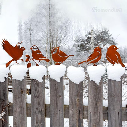 Framendino, 5 Pack Rusty Birds Decoration Metal Yard Art Bird Ornaments Decor for Fence Topper Garden Decorations