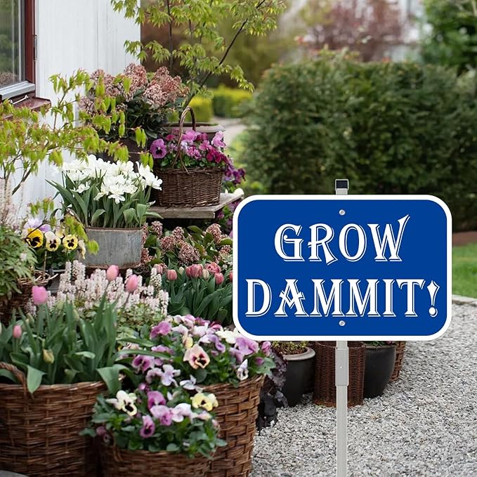 Grow Dammit Garden Sign, 12 x 8 Inches, Blue Aluminum Sign with 28-Inch Stake, Funny Outdoor Garden Decor 1Pack