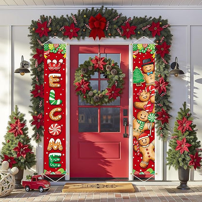 Ivenf Christmas Decorations Outdoor Yard: Cute Gingerbread Man Front Porch Sign Set, Hanging Red Brown Welcome Door Banner Xmas Decorations for Home, Wall Front Door Yard Garage Indoor Outdoor Décor