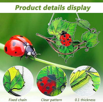 Ladybug Suncatcher Stained Glass, Ladybug Sun Catchers Window, Unique Nature Lover Gifts Leaf