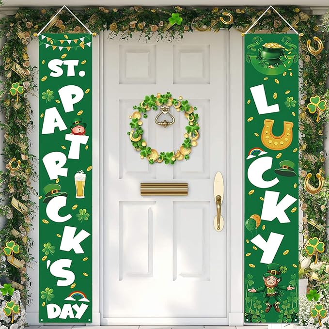 St Patricks Day Porch Decorations - Saint Shamrock Porch Sign Leprechaun Decor - Hanging Banners Decorations for Front Door Outside Yard Garden Party Supplies