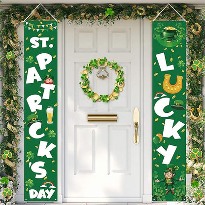 St Patricks Day Porch Decorations - Saint Shamrock Porch Sign Leprechaun Decor - Hanging Banners Decorations for Front Door Outside Yard Garden Party Supplies