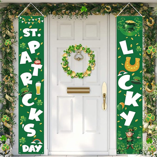 St Patricks Day Porch Decorations - Saint Shamrock Porch Sign Leprechaun Decor - Hanging Banners Decorations for Front Door Outside Yard Garden Party Supplies