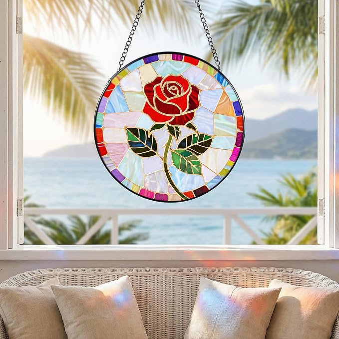 Stained Glass Window Hanging, Red Rose Suncatcher 7.8 in Sun Catcher Glass Panel Boho Wall Art Decor with Chain Diamond Glass Panel Hangings Scenery Sun Catchers Decor for Lover Couple Mom