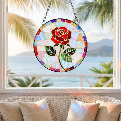 Stained Glass Window Hanging, Red Rose Suncatcher 7.8 in Sun Catcher Glass Panel Boho Wall Art Decor with Chain Diamond Glass Panel Hangings Scenery Sun Catchers Decor for Lover Couple Mom