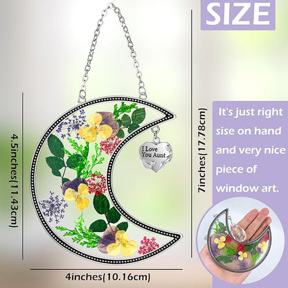 KY&BOSAM Moon Suncatchers Aunt Gifts for Mom Family Friends Stained Glass for Windows Wind Chimes Real Flower Colorful and Metal I Love You Aunt Heart Chain Outdoor for Garden Indoor Home Trees Decor