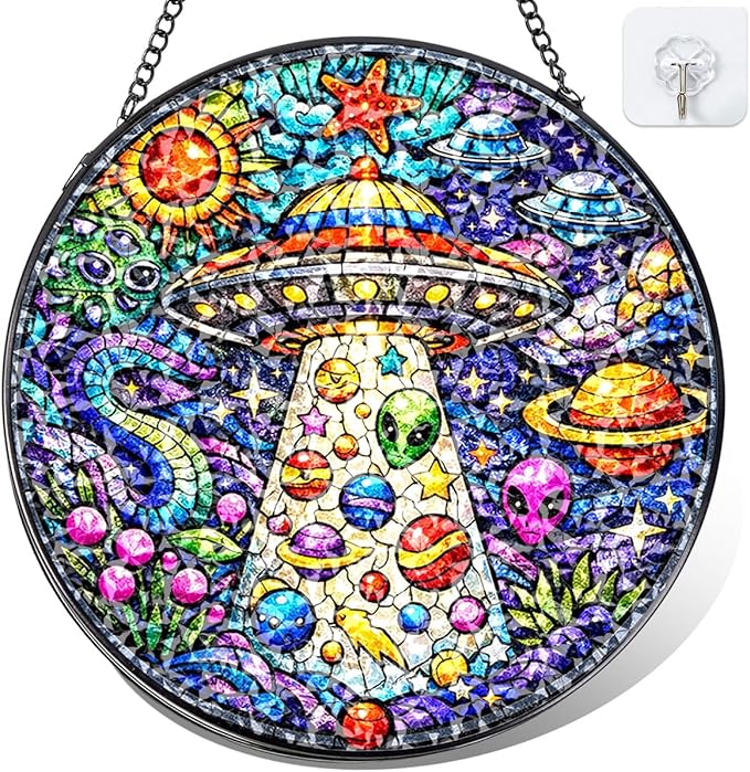 UFO Alien Stained Glass Window Hanging – Round Space Suncatcher with Chain, Colorful Glass Ornament for Bedroom Game Room Home Garden Decor Gift, 8 Inch