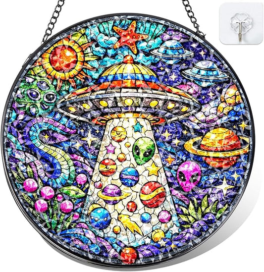UFO Alien Stained Glass Window Hanging – Round Space Suncatcher with Chain, Colorful Glass Ornament for Bedroom Game Room Home Garden Decor Gift, 8 Inch
