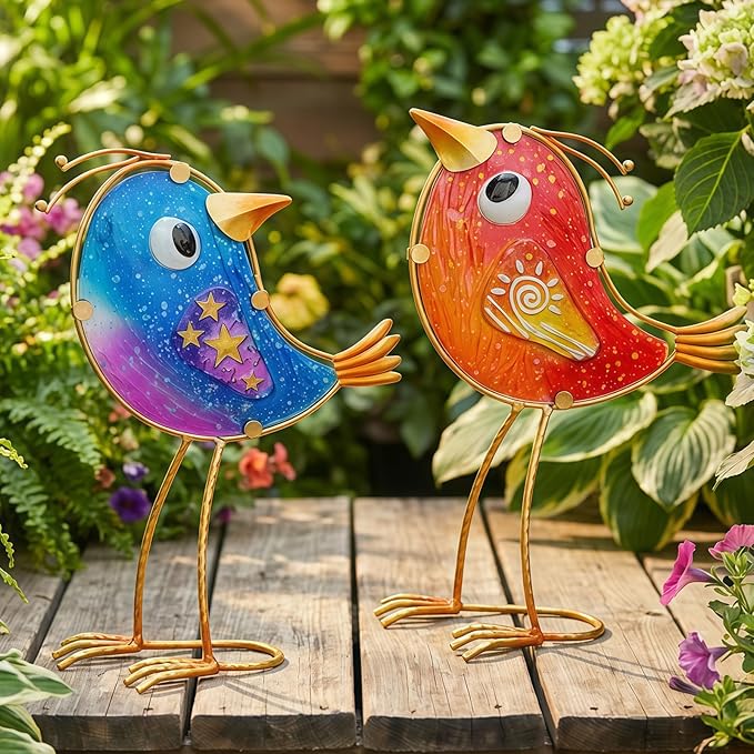 HONGLAND Garden Decor for Outside, Funny Metal & Glass Bird Decor Indoor Outdoor Set of 2, Yard Art Decorations with Housewarming Gift Idea, Colorful Garden Statues
