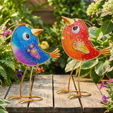HONGLAND Garden Decor for Outside, Funny Metal & Glass Bird Decor Indoor Outdoor Set of 2, Yard Art Decorations with Housewarming Gift Idea, Colorful Garden Statues