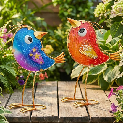 HONGLAND Garden Decor for Outside, Funny Metal & Glass Bird Decor Indoor Outdoor Set of 2, Yard Art Decorations with Housewarming Gift Idea, Colorful Garden Statues