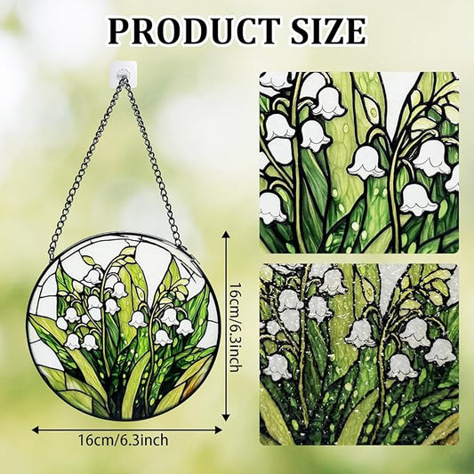 Stained Glass Window Hanging, Lily of The Valley Flower Diamond Glass Panel Suncatcher Green Plant Sun Catchers for Home Garden Balcony Window Decor, Plant Lover Gifts (6.3 Inch)