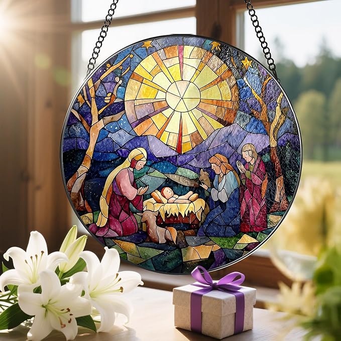 8'' Nativity Stained Glass Suncatcher, Window Hanging Decor, Religious Christmas Ornament, Christian Holiday Decor, Christian Gifts, Religious Gifts, Gift for Christmas