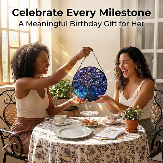 Birthday Gifts for Women - Blue Tree of Life Faux Stained Glass Window Hanging Sun Catcher for Door Garden Acrylic Decor Mother's Day Christmas for Mom Nana Grandma Sisters Wife 7.8"
