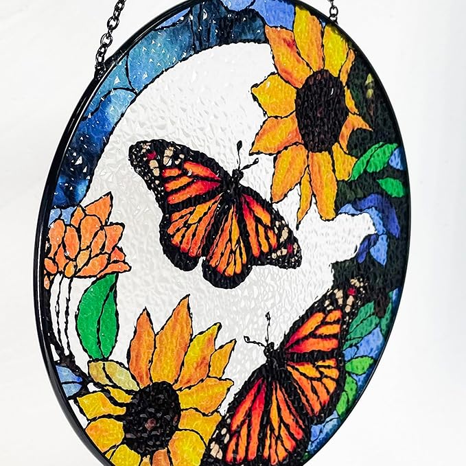 Large Monarch Butterflies and Sunflowers Stained Glass Suncatcher, Handmade Window Hanging Wall Art with Chain, Real Glass Indoor Home Decor, Unique Sun Catcher Gift for Women, Christmas, 9.8”