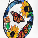 Large Monarch Butterflies and Sunflowers Stained Glass Suncatcher, Handmade Window Hanging Wall Art with Chain, Real Glass Indoor Home Decor, Unique Sun Catcher Gift for Women, Christmas, 9.8”