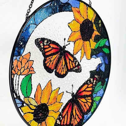 Large Monarch Butterflies and Sunflowers Stained Glass Suncatcher, Handmade Window Hanging Wall Art with Chain, Real Glass Indoor Home Decor, Unique Sun Catcher Gift for Women, Christmas, 11.8”