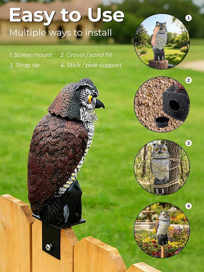 Garden Fake Owl Sculpture with 360° Rotating Head, Waterproof Outdoor Statue for Garden Yard Patio Balcony Roof