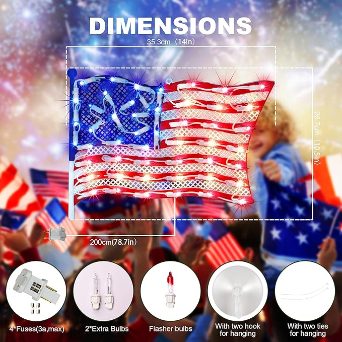 LAMPHOME 14Inch Patriotic Lighted Window Decoration,American Pride USA Flag Lighted Window Hanging - Outdoor Lighted Stars and Stripes Decoration for Home or Office