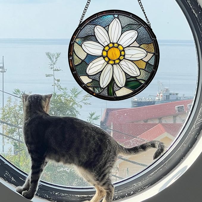 Stained Glass Window Hanging - Yellow White Daisy Birth Flower Suncatcher for Door Garden Yard Sun Catchers Decor Christmas Mother's Day Birthday Gifts for Teacher Women Mom Nana 9.8 in