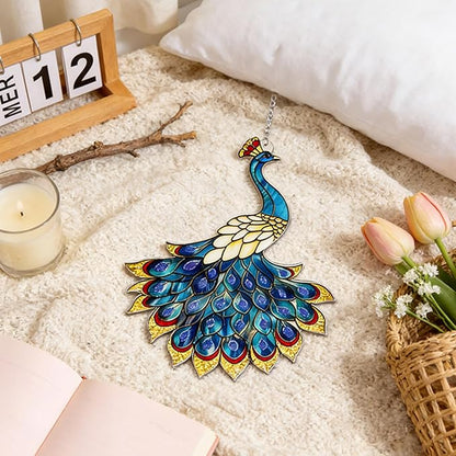 Peacock Suncatcher Stained Glass, Peacock Art Glass Suncatcher Hanging, Bird Suncatcher for Patio/Mom/Window (Blue)