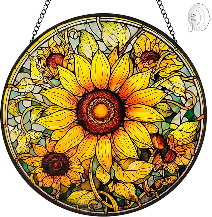 Sunflower Decor Suncatcher Stained Glass Window Hanging - 8” Handmade Suncatchers for Windows Hanging - Sun Catchers Wall Home Garden Decor Glass Panels - Mothers Day Birthday Gifts for Mom Grandma