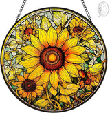 Sunflower Decor Suncatcher Stained Glass Window Hanging - 8” Handmade Suncatchers for Windows Hanging - Sun Catchers Wall Home Garden Decor Glass Panels - Mothers Day Birthday Gifts for Mom Grandma