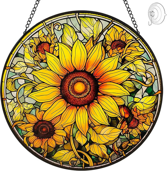 Sunflower Decor Suncatcher Stained Glass Window Hanging - 8” Handmade Suncatchers for Windows Hanging - Sun Catchers Wall Home Garden Decor Glass Panels - Mothers Day Birthday Gifts for Mom Grandma