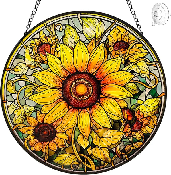 Sunflower Decor Suncatcher Stained Glass Window Hanging - 8” Handmade Suncatchers for Windows Hanging - Sun Catchers Wall Home Garden Decor Glass Panels - Mothers Day Birthday Gifts for Mom Grandma