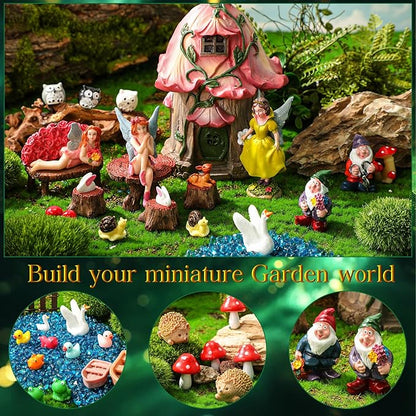 HyDren 100 Pcs Fairy House Garden Figurines Kit 8'' Solar Miniatures Light up 6.6" Fairy House Gnome Animals Doll Outdoor Resin Statues Micro Landscape Ornaments DIY Garden Decor