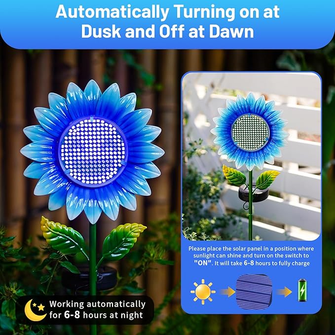 Solar Stake Lights - Blue Sunflower Decorative LED Pathway Lights, Waterproof Outdoor Solar Lights for Yard, Lawn, Patio, Walkway, Unique Birthday Gift, Housewarming Gift for Mom, Grandma, Women