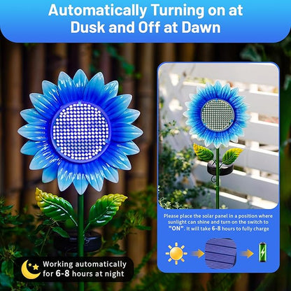 Solar Stake Lights - Blue Sunflower Decorative LED Pathway Lights, Waterproof Outdoor Solar Lights for Yard, Lawn, Patio, Walkway, Unique Birthday Gift, Housewarming Gift for Mom, Grandma, Women