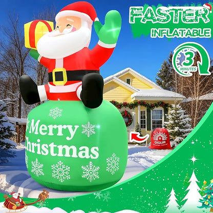 8FT Christmas Inflatable Santa 8FT Sitting Santa Claus Christmas Inflatables Outdoor Decorations Xmas Santa Blow Up Yard Decor with Built-in 5 LEDs for Yard Garden Lawn(with Storage Bag)
