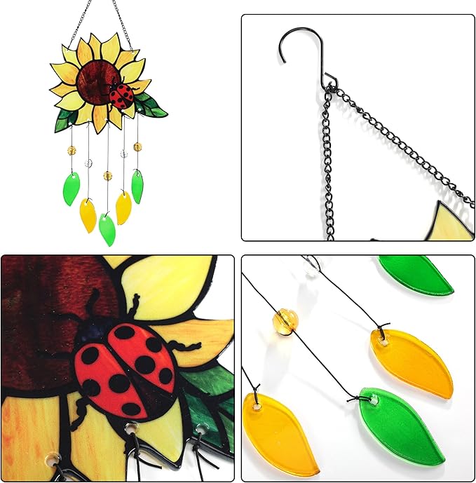 Stained Glass Suncatcher, Sunflower and Ladybug Window Hanging, 20 x 8 inches, Hand-Painted (Style 1)