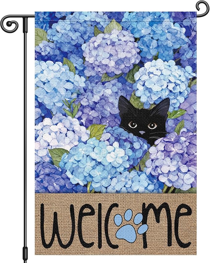 Louise Maelys Spring Summer Garden Flag Black Cat Hydrangea Flower Welcome Double Sided 12x18 Inch Floral Paw Print Seasonal Small Burlap Holiday Yard Outdoor Outside House Decor