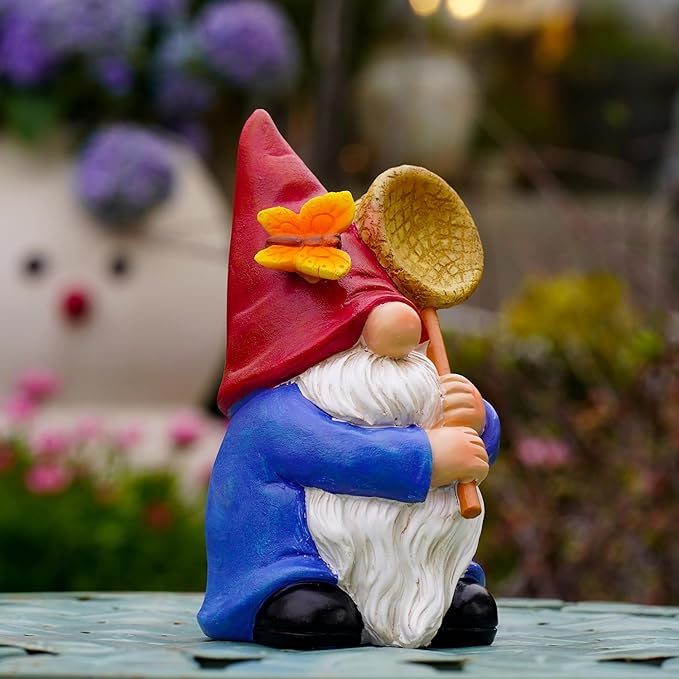 Garden Gnome Statue with Butterfly Net - Hand-Painted Resin Figurine 6.1in, Weatherproof Outdoor Decor for Patio, Yard, Lawn - Durable Indoor/Outdoor Accent, Gift for Mom,Women