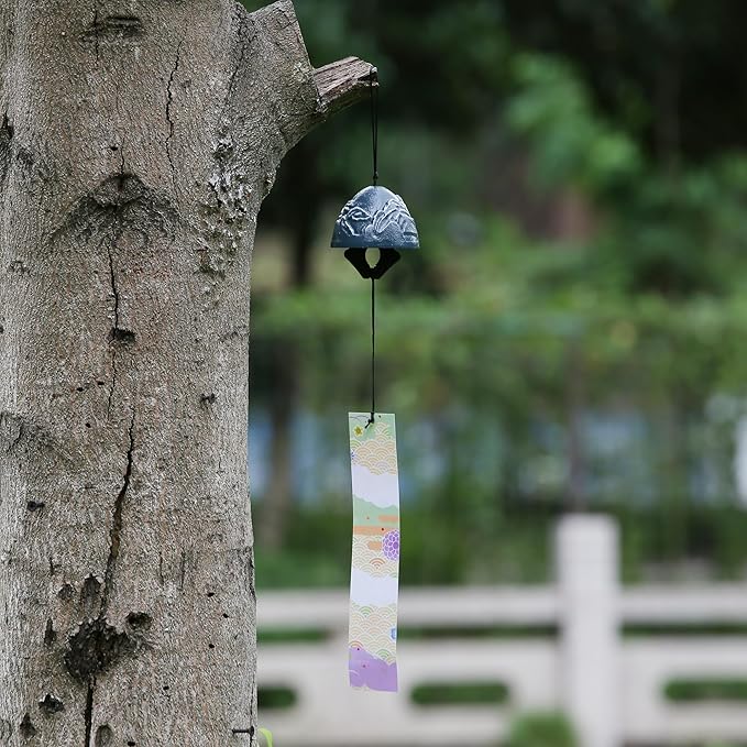 Japanese Wind Chime Cast-Iron Outdoor Ornament for Garden, Patio & Balcony, Hanging Metal Wind-Bell Decoration Gift, Blessing Pendant Windchimes & PVC Wind-Catcher, Blue Snowy Mountains