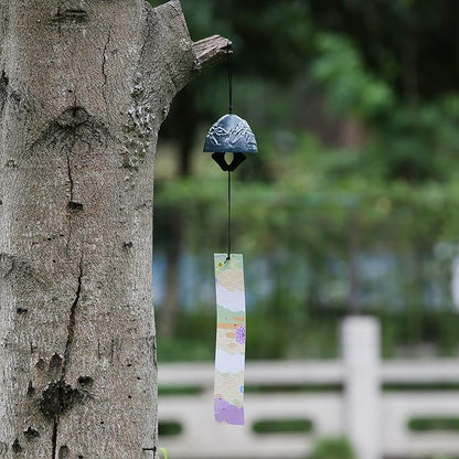 Japanese Wind Chime Cast-Iron Outdoor Ornament for Garden, Patio & Balcony, Hanging Metal Wind-Bell Decoration Gift, Blessing Pendant Windchimes & PVC Wind-Catcher, Blue Snowy Mountains