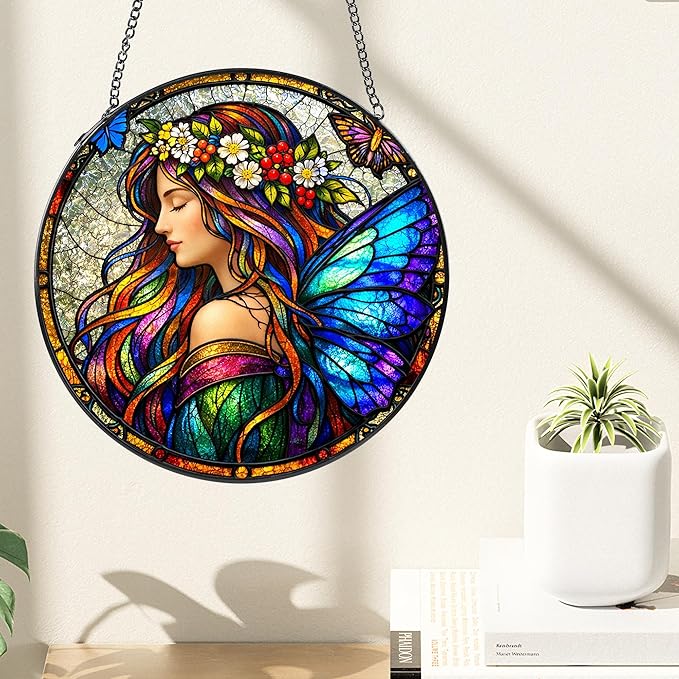 Stained Glass Window Hanging Suncatcher, 8" Round Fairy Butterfly Sun Catcher, Colorful Decorative Glass Art for Outdoor Indoor Home Garden, Gift for Mom & Wife
