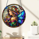 Stained Glass Window Hanging Suncatcher, 8" Round Fairy Butterfly Sun Catcher, Colorful Decorative Glass Art for Outdoor Indoor Home Garden, Gift for Mom & Wife
