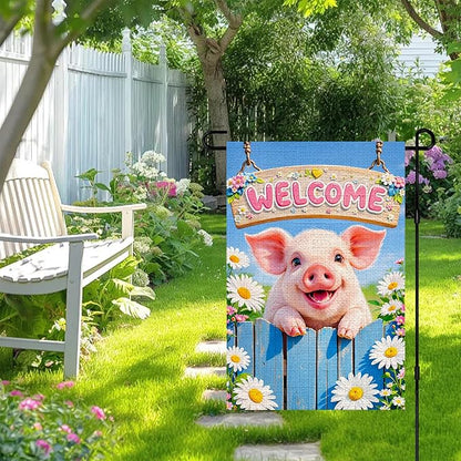 IVN Welcome Pig Spring Garden Flag 12x18 Inch Funny Piglet Watercolor Blue Garden Gate Fence Daisies Pink Flower Dasiy Watering Can Floral Double Sided Burlap Vertical Small Yard House Flag Seasonal Outdoor Decoration for Outside Home Front Door Lawn P...