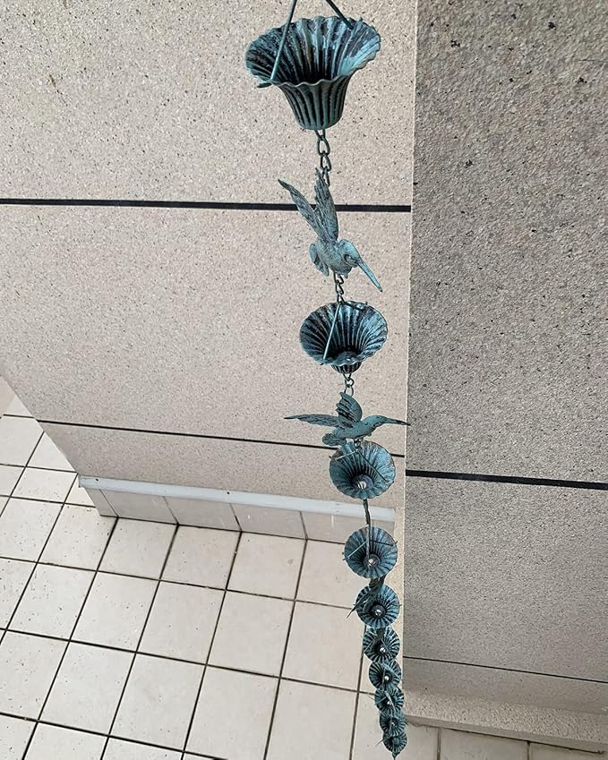 Rain Chain 8.5FT, Hummingbird and Cup Rain Chains for Gutters, Functional Replacement for Downspout, Metal Rainwater Catcher Chain, Outdoor Garden Decor, Antique Blue