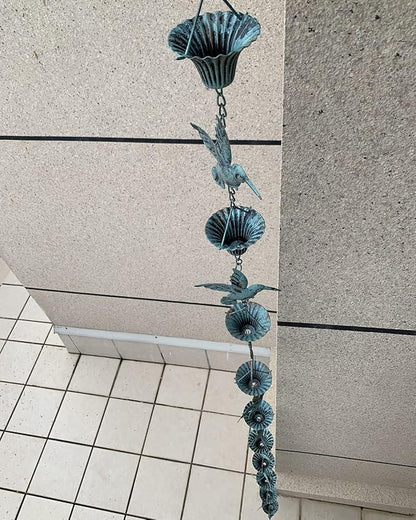 Rain Chain 8.5FT, Hummingbird and Cup Rain Chains for Gutters, Functional Replacement for Downspout, Metal Rainwater Catcher Chain, Outdoor Garden Decor, Antique Blue