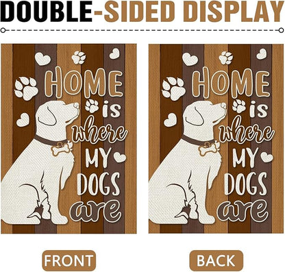 Dyrenson Home is Where My Dogs are Decorative Garden Flag, Pet Paw Print Yard Outside Home Decorations Dog Lover Gifts, Farmhouse Rustic Burlap Outdoor Small Decor Double Sided 12 x 18