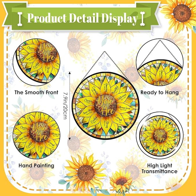 Christian Sunflower Stained Glass Window Hanging, 7.9" Inspirational Bible Verse Sun Catcher Glass Panel, Sunflower Decor Hand Painted Round Wall Art, Religious Gifts for Women, Mom, Wife